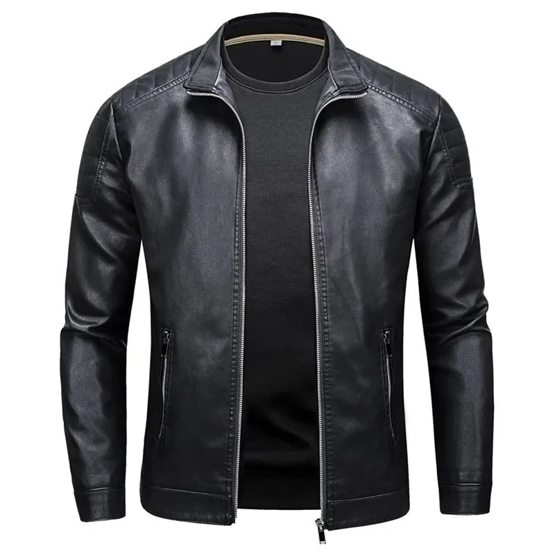 Genuine Leather Stand Collar Jacket