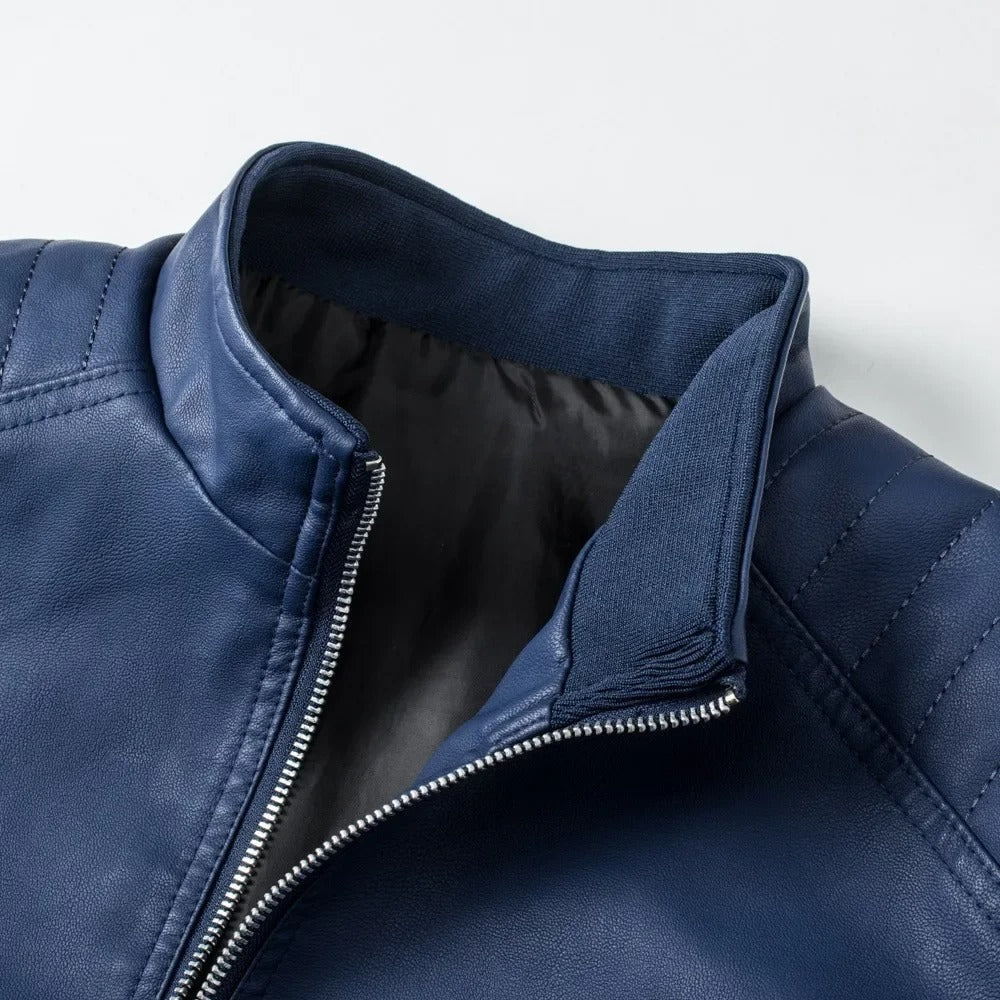 Genuine Leather Stand Collar Jacket